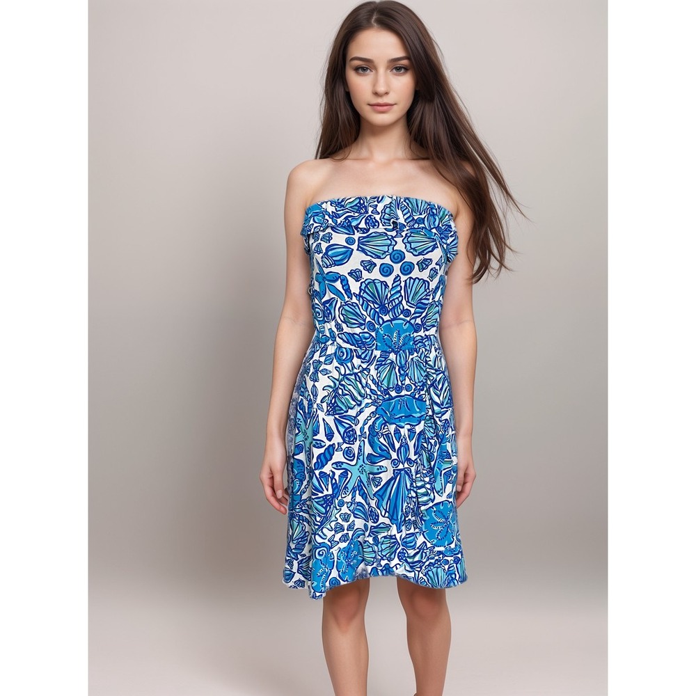 Lilly Pulitzer Mini Dress Women Sz S Blue Marine Off-the-Shoulder Coastal Summer